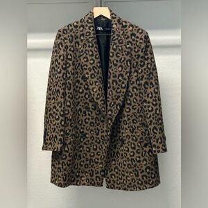 New Zara Leopard Animal Print Wool Blend Double Breasted Coat